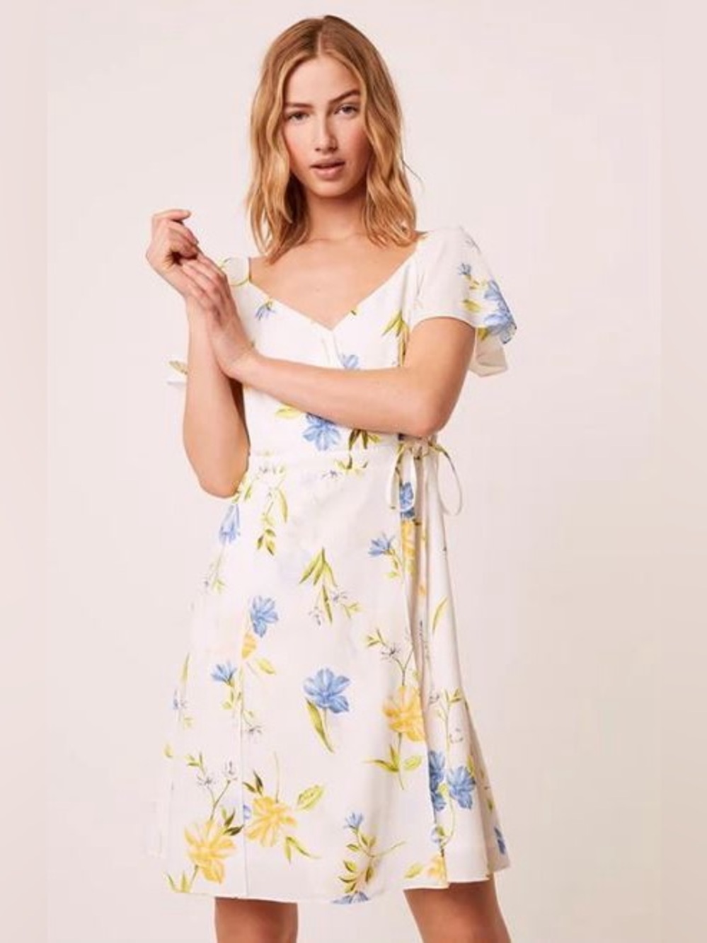 French Connection Eme Crepe Faux Wrap Dress Summer White Multi